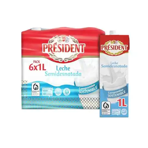 Pack de 6 bricks de leche semidesnatada Président Bienestar Animal (1 L)